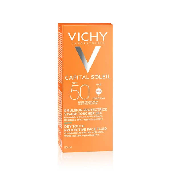 VICHY Capital Soleil Dry Touch Face Emulsion SPF50 - 50ml | فيشي كريم واقي شمسي للبشرة المختلطة مع عامل حماية من الشمس 50 - 50 مل