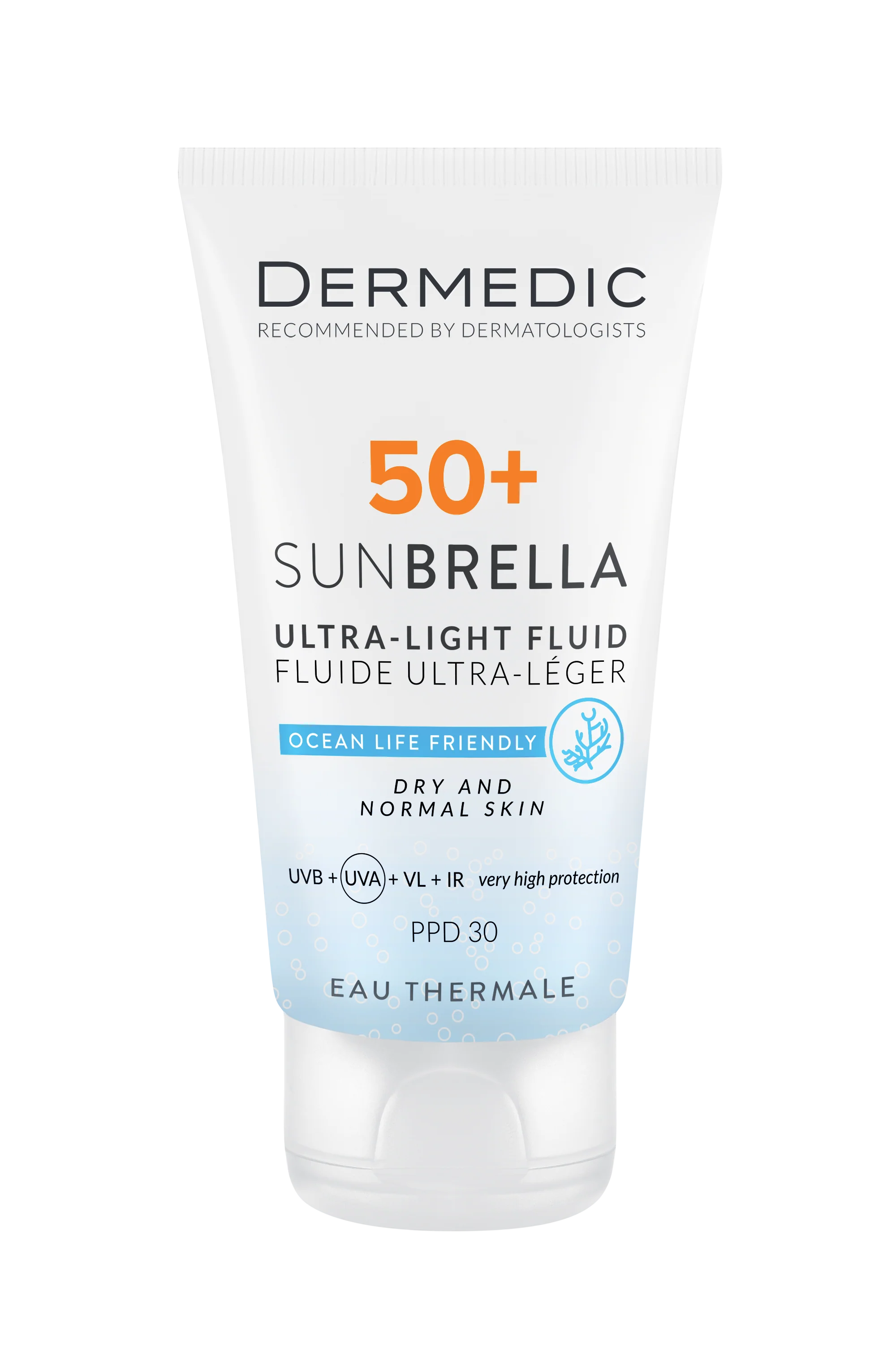 DERMEDIC Sunbrella Ultra-light fluid SPF 50+dry and normal skin - 40ml | ديرمديك واقي شمسي خفيف القوام للبشرة العادية و الجافة spf50+ - 40 مل